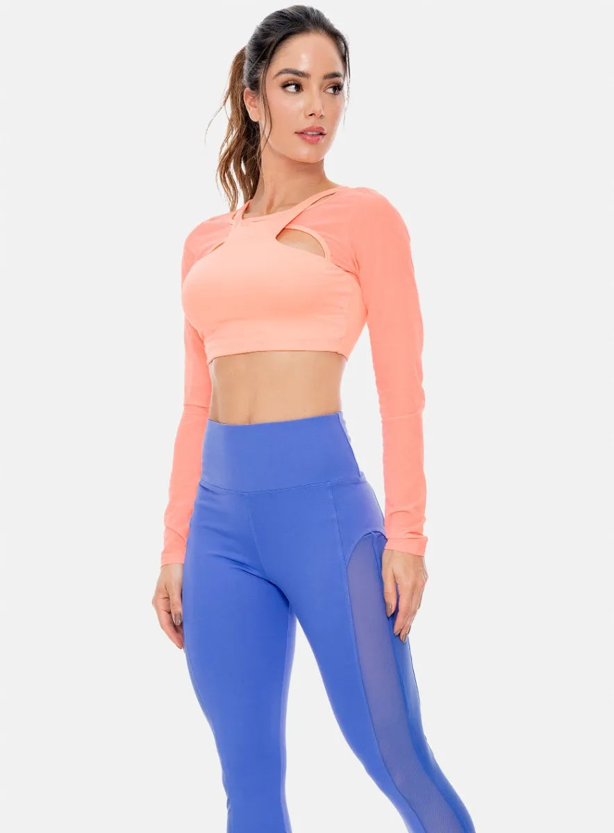 Long Sleeve Top Peach with geometric pattern transparency